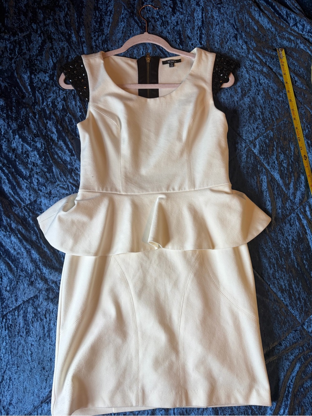 XOXO White Peplum Midi Dress with Black Beaded Cap Sleeves